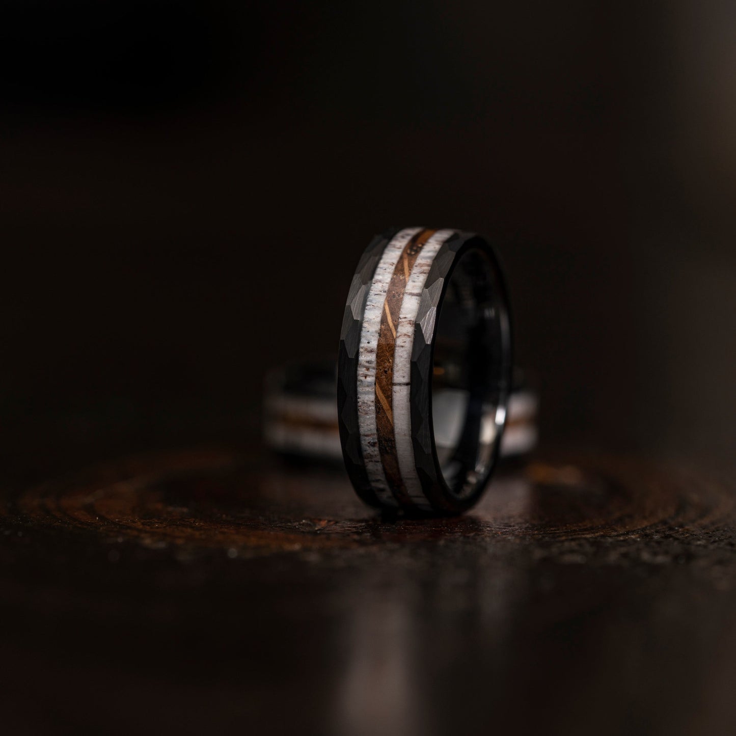 "Zeus" Hammered Ring- Black Charred Whiskey Barrel and Antler