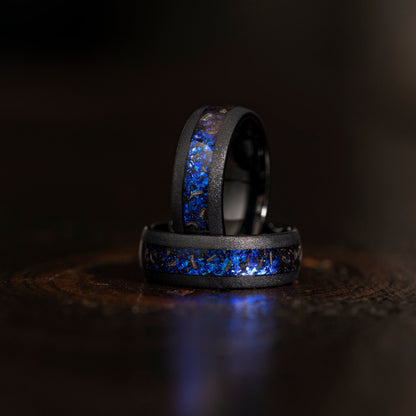 "Zeus" Domed Nebula Ring- Meteorite and Opal- Black 8mm
