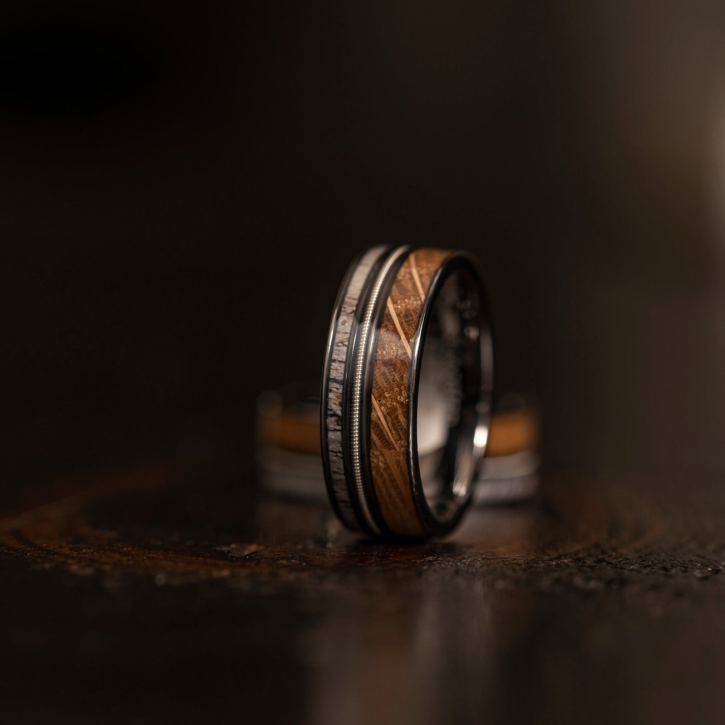 "Dionysus"  Whiskey Barrel Wood x  Antler x Guitar String Ring- Gunmetal Tungsten