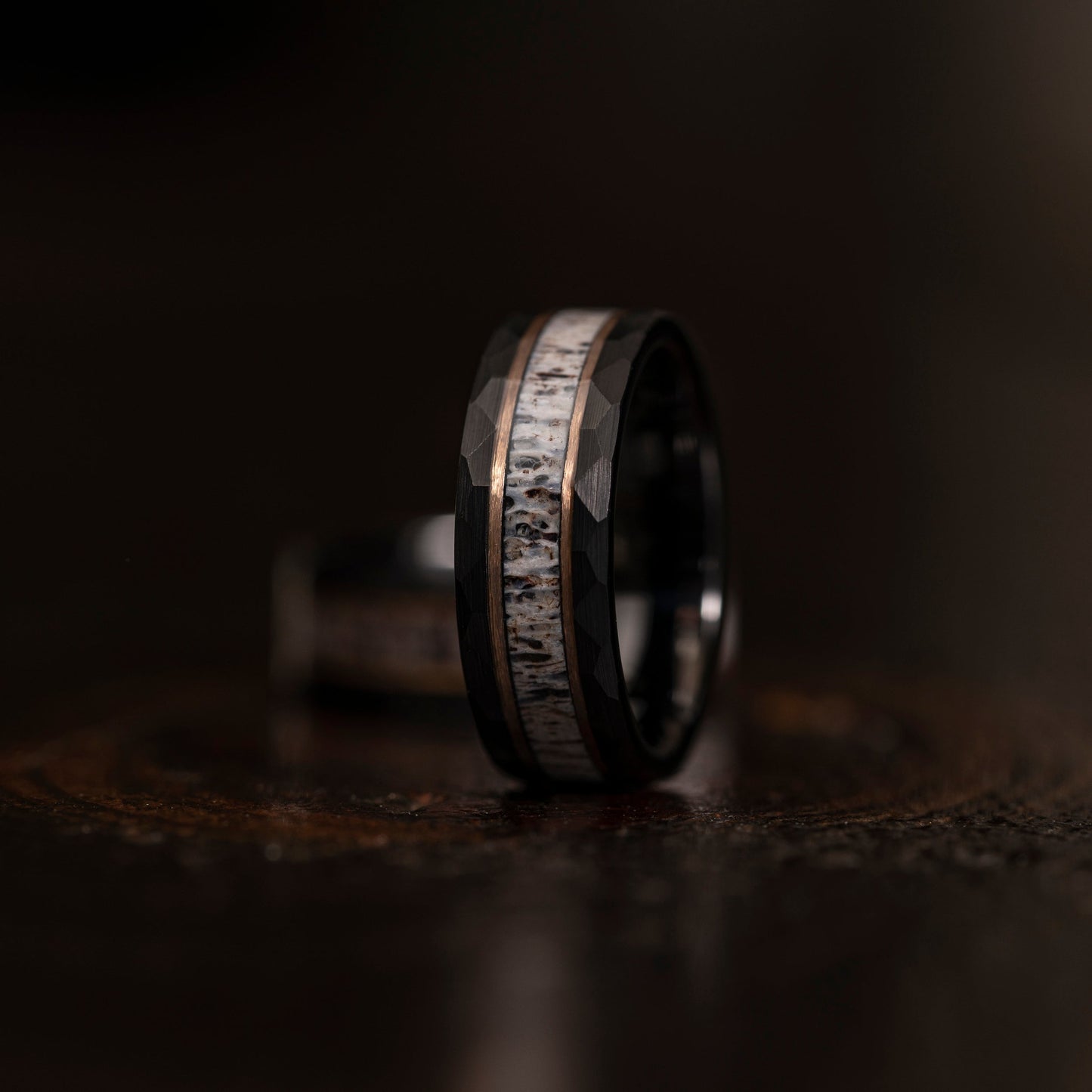"Zeus" Black/Rose Hammered Ring with Antler