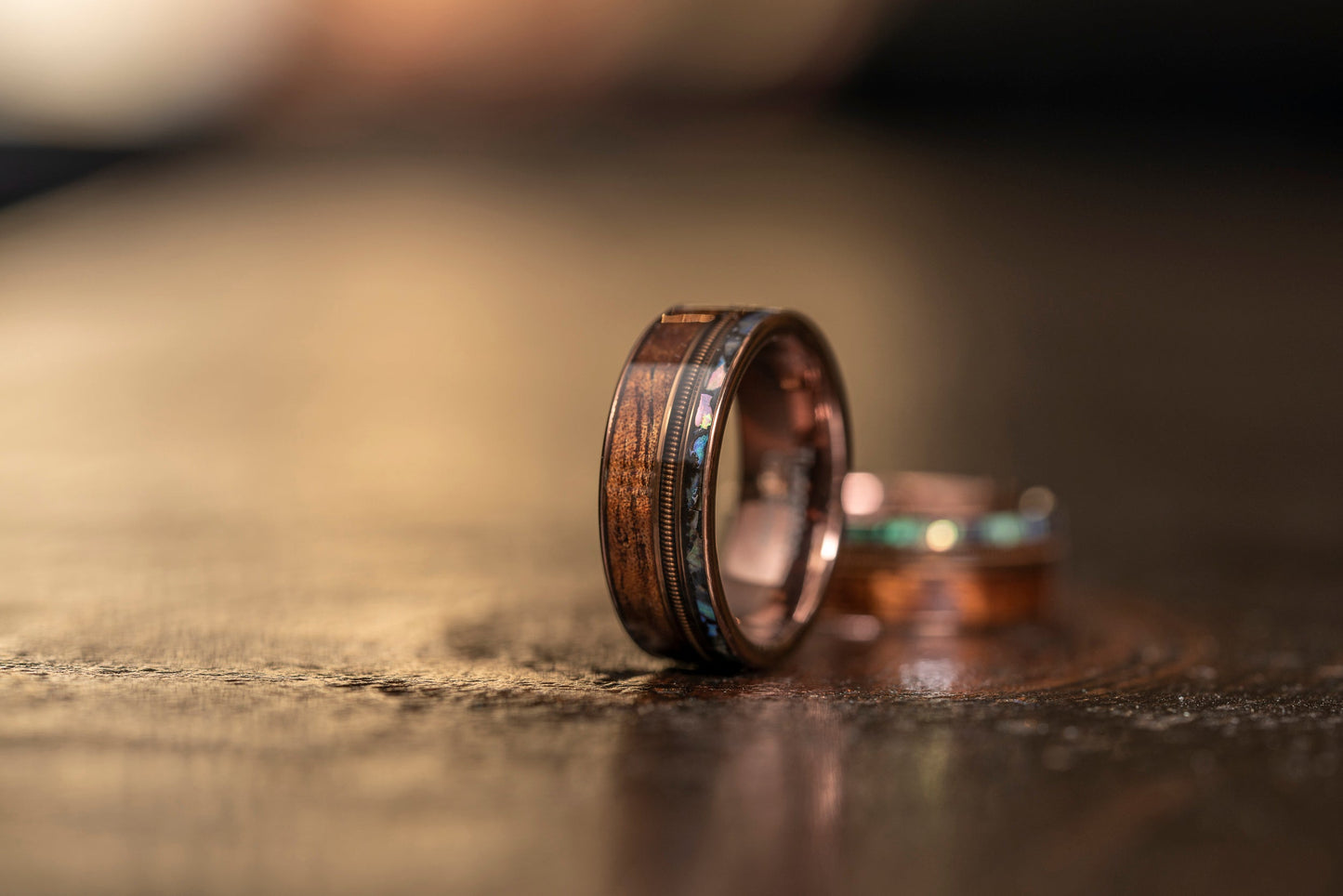 "Dionysus"  Hawaiian Koa Wood x  Abalone x Guitar String Ring- Smoked Rose Gold Tungsten