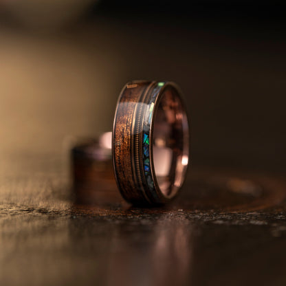 "Dionysus"  Hawaiian Koa Wood x  Abalone x Guitar String Ring- Smoked Rose Gold Tungsten