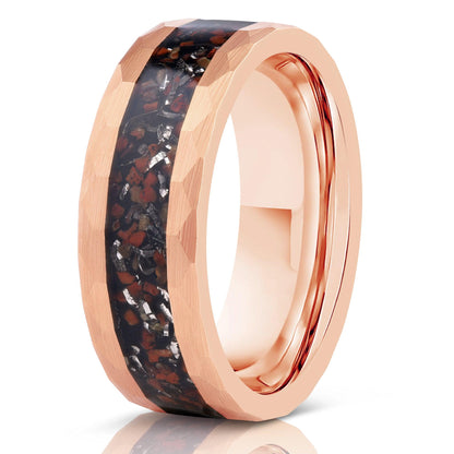 "Perseus" Rose Gold Hammered Tungsten Carbide Ring- Dinosaur Bones and Meteorite- 6mm/8mm