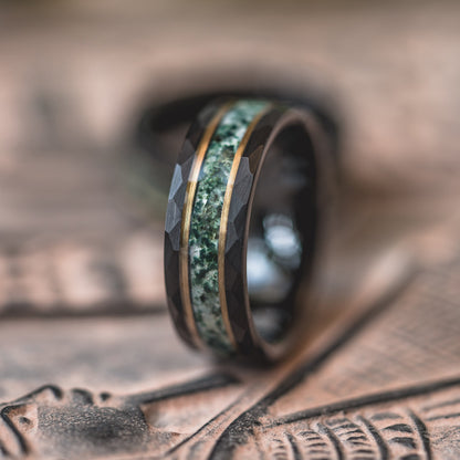 "Verdant Hollow"  Moss Agate x Emerald x Black/Gold Tungsten