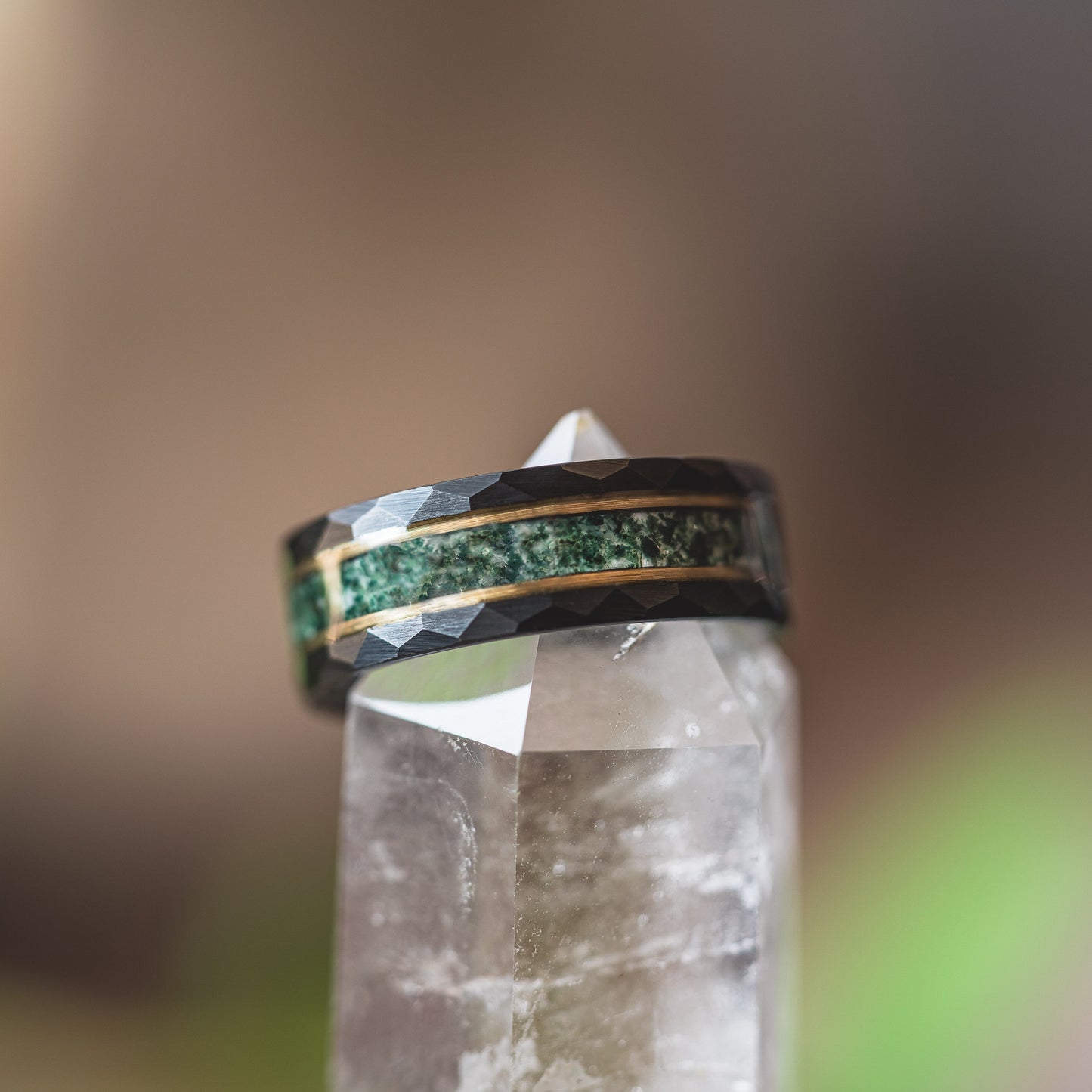 "Verdant Hollow"  Moss Agate x Emerald x Black/Gold Tungsten