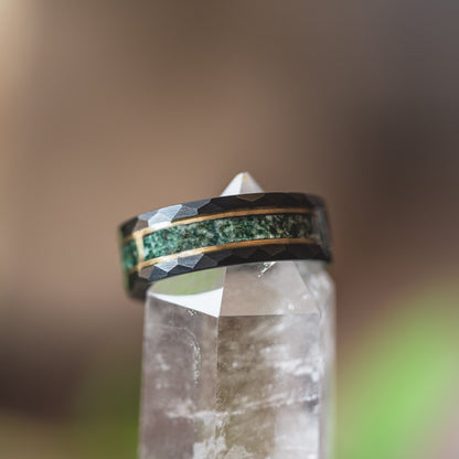 "Verdant Hollow"  Moss Agate x Emerald x Black/Gold Tungsten