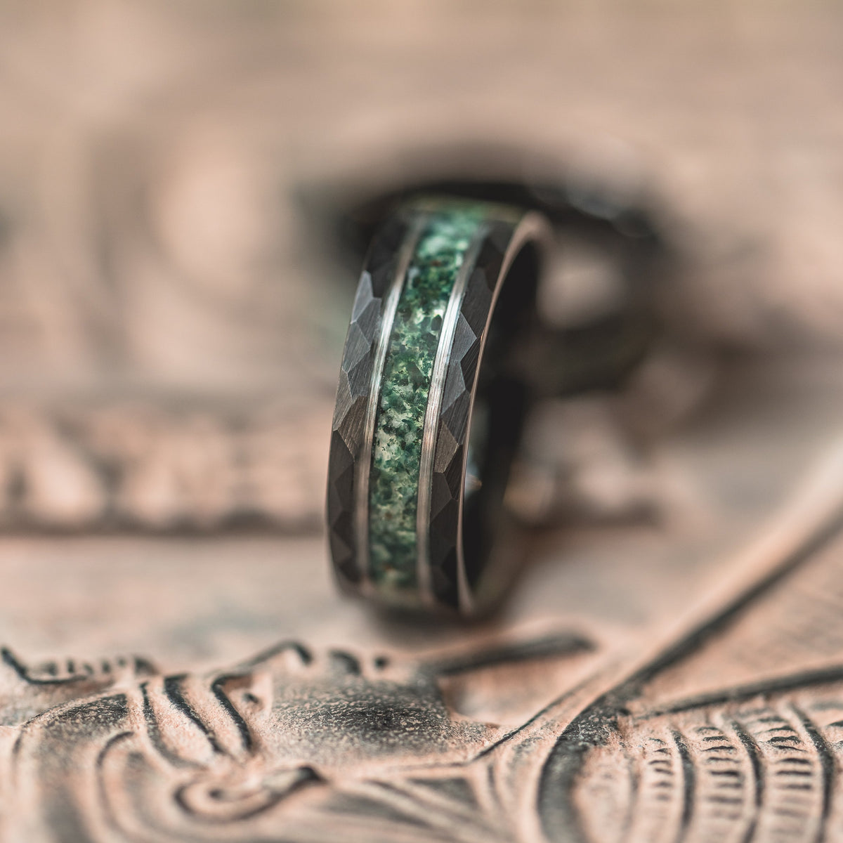 "Verdant Hollow"  Moss Agate x Emerald x Black/Silver Tungsten