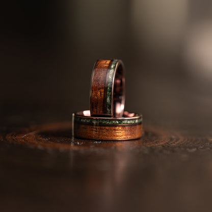 "Atlas"  Koa Wood x Moss Agate Smoked Rose Gold Tungsten Ring