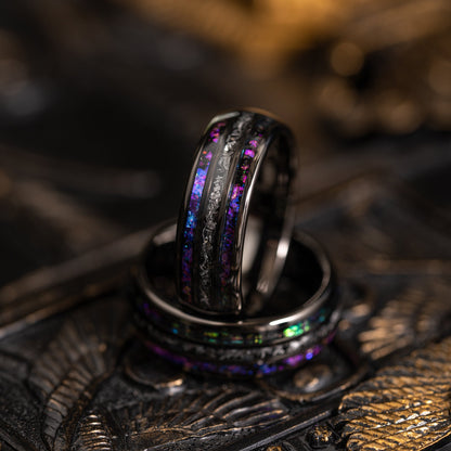 "Dionysus" Domed Nebula Ring- Meteorite and Opal- Gunmetal 6mm/8mm