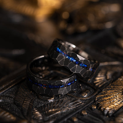"Zeus" Distressed Hammered Nebula Ring- Opal- Black 8mm