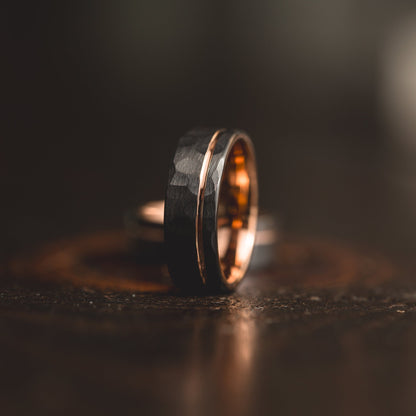 "Hex Forge" Hammered Tungsten Carbide- 8mm- Black x Rose Gold