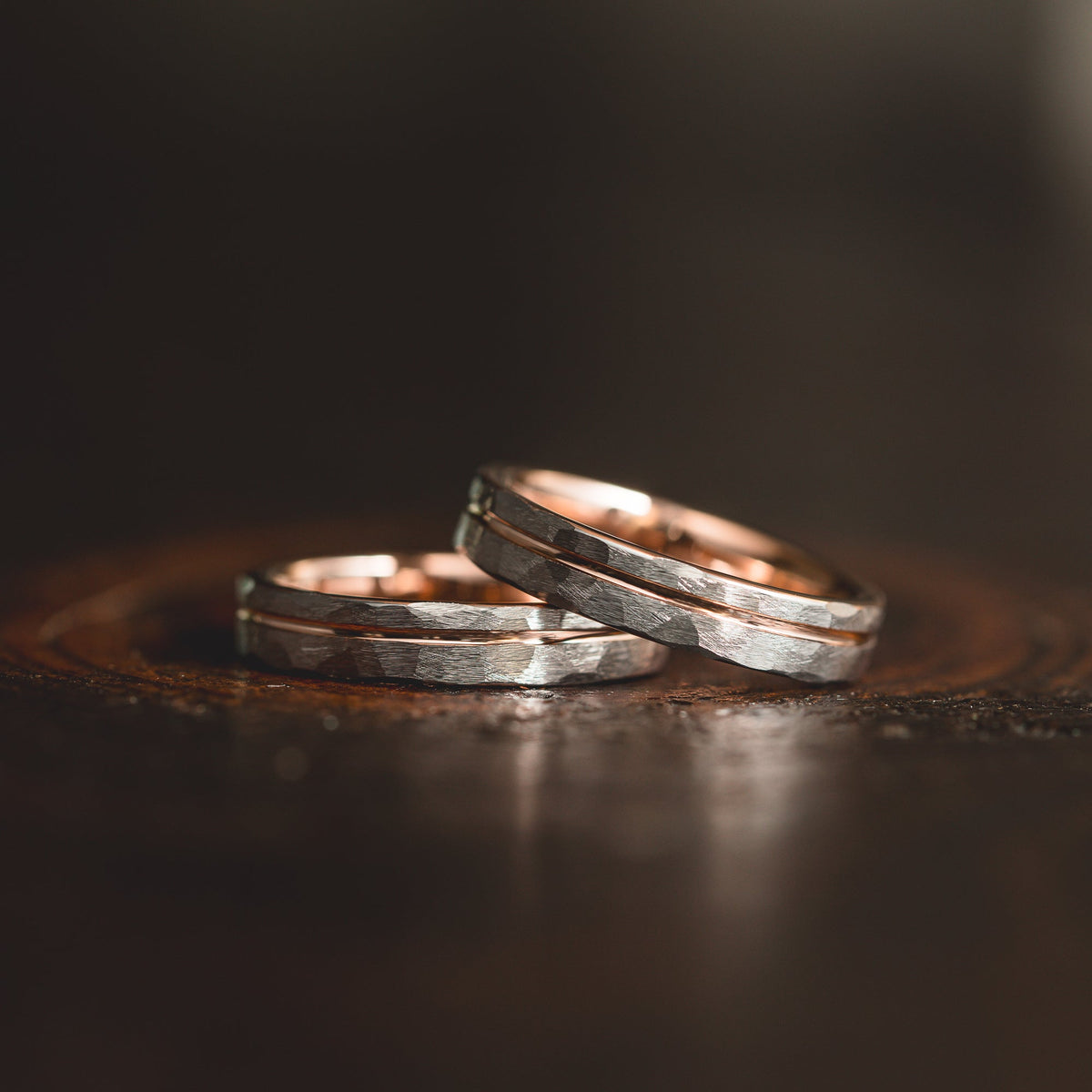 "Hex Forge" Hammered Tungsten Carbide- 4mm Womens- Silver x Rose Gold