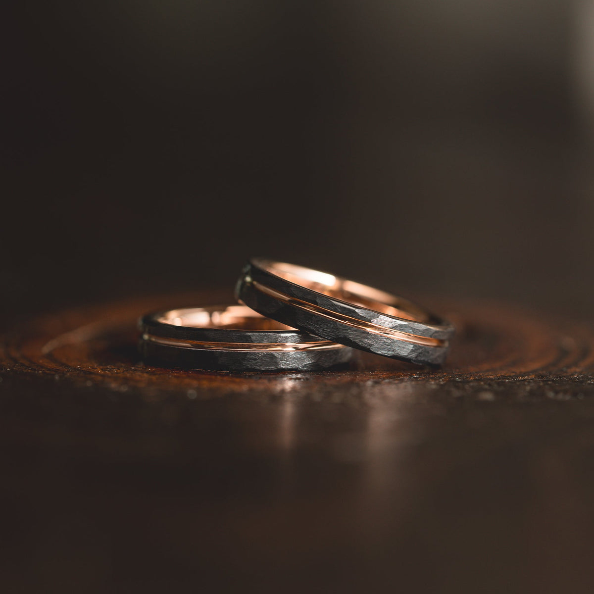 "Hex Forge" Hammered Tungsten Carbide- 4mm Womens- Black x Rose Gold
