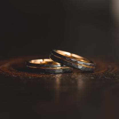 "Hex Forge" Hammered Tungsten Carbide- 4mm Womens- Black x Gold