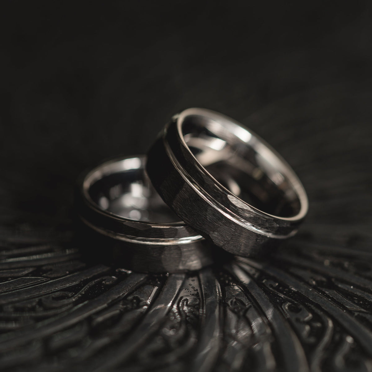 "Hex Forge" Hammered Tungsten Carbide- 8mm- Black x Silver