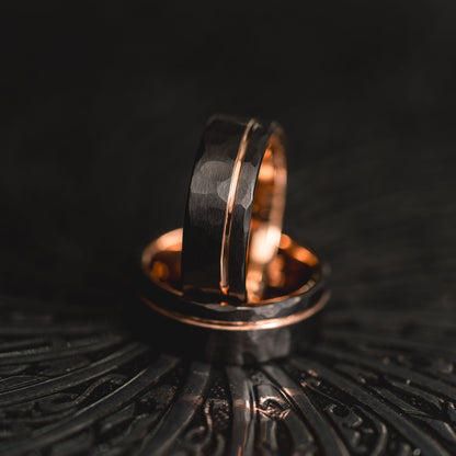 "Hex Forge" Hammered Tungsten Carbide- 8mm- Black x Rose Gold