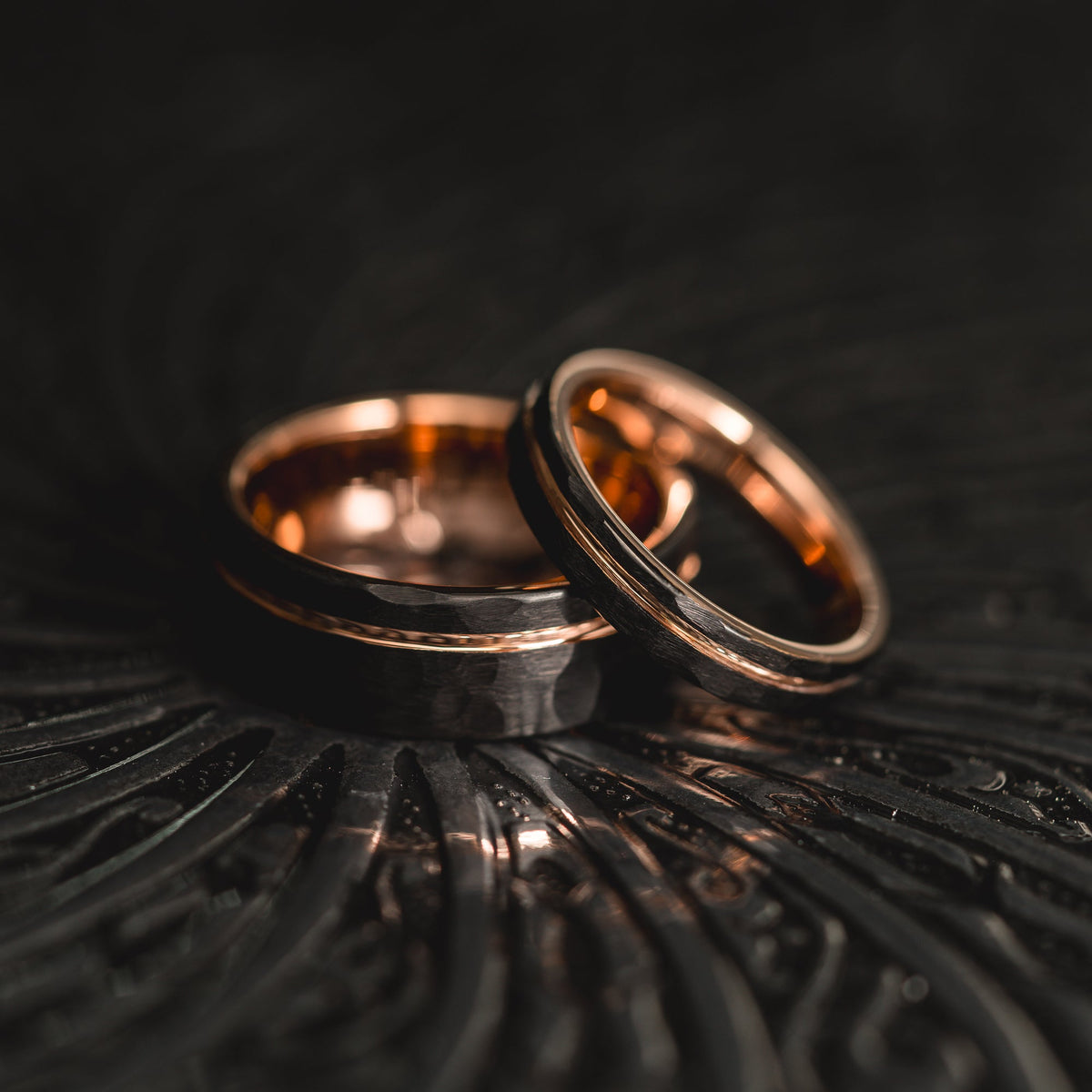 "Hex Forge" Hammered Tungsten Carbide- 8mm- Black x Rose Gold