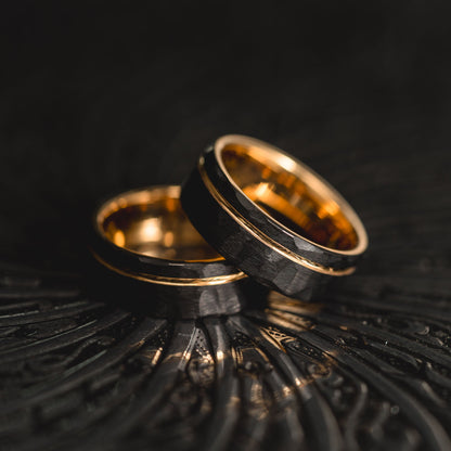 "Hex Forge" Hammered Tungsten Carbide- 8mm- Black x Yellow Gold