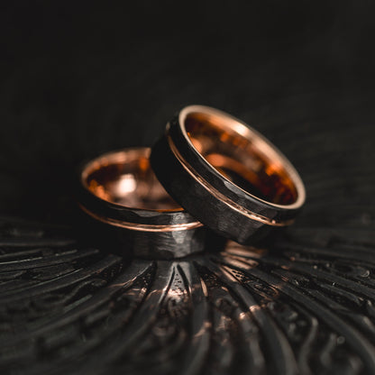"Hex Forge" Hammered Tungsten Carbide- 8mm- Black x Rose Gold
