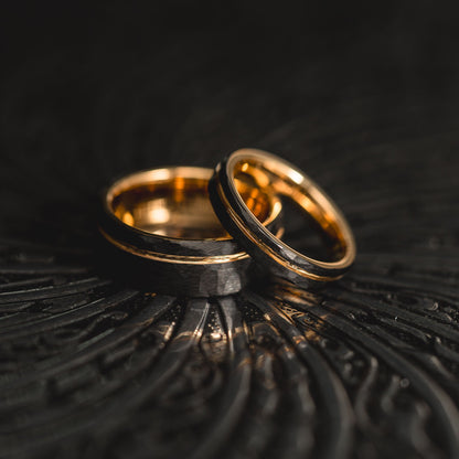 "Hex Forge" Hammered Tungsten Carbide- 8mm- Black x Yellow Gold