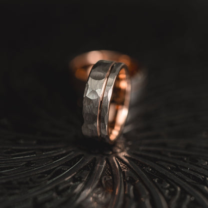 "Hex Forge" Hammered Tungsten Carbide- 8mm- Silver x Rose Gold