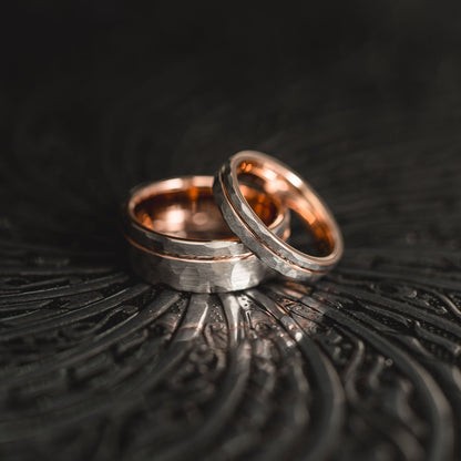 "Hex Forge" Hammered Tungsten Carbide- 8mm- Silver x Rose Gold