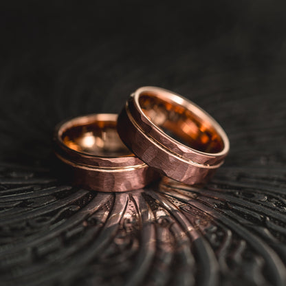 "Hex Forge" Hammered Tungsten Carbide- 8mm- Coffee x Rose Gold