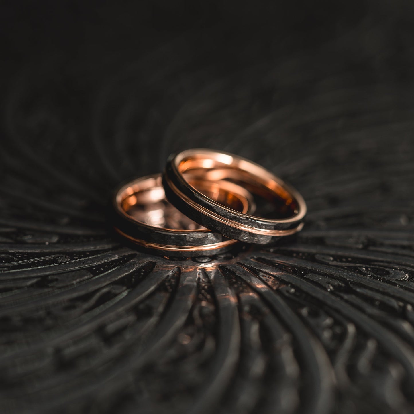 "Hex Forge" Hammered Tungsten Carbide- 4mm Womens- Black x Rose Gold