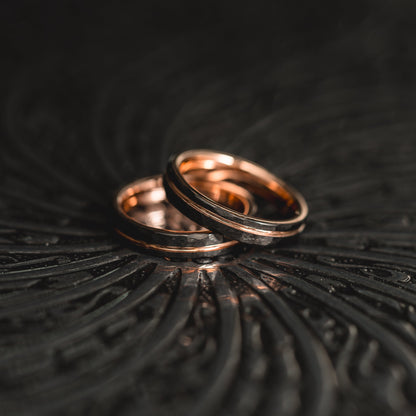 "Hex Forge" Hammered Tungsten Carbide- 4mm Womens- Black x Rose Gold