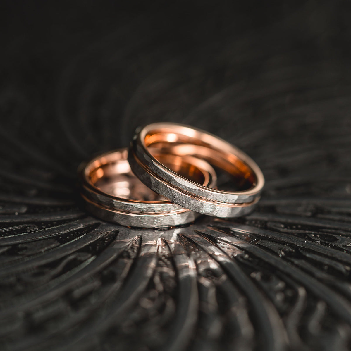 "Hex Forge" Hammered Tungsten Carbide- 4mm Womens- Silver x Rose Gold