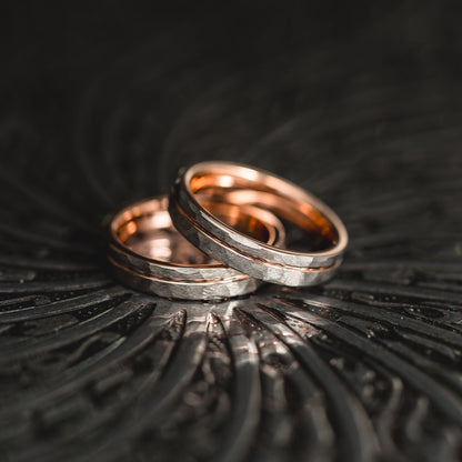"Hex Forge" Hammered Tungsten Carbide- 4mm Womens- Silver x Rose Gold