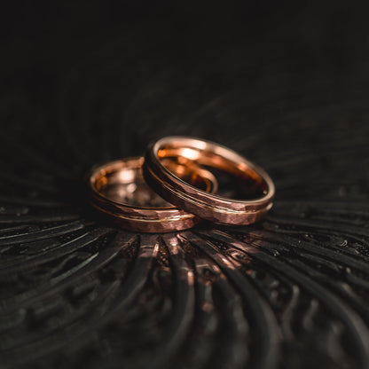 "Hex Forge" Hammered Tungsten Carbide- 4mm Womens- Coffee x Rose Gold