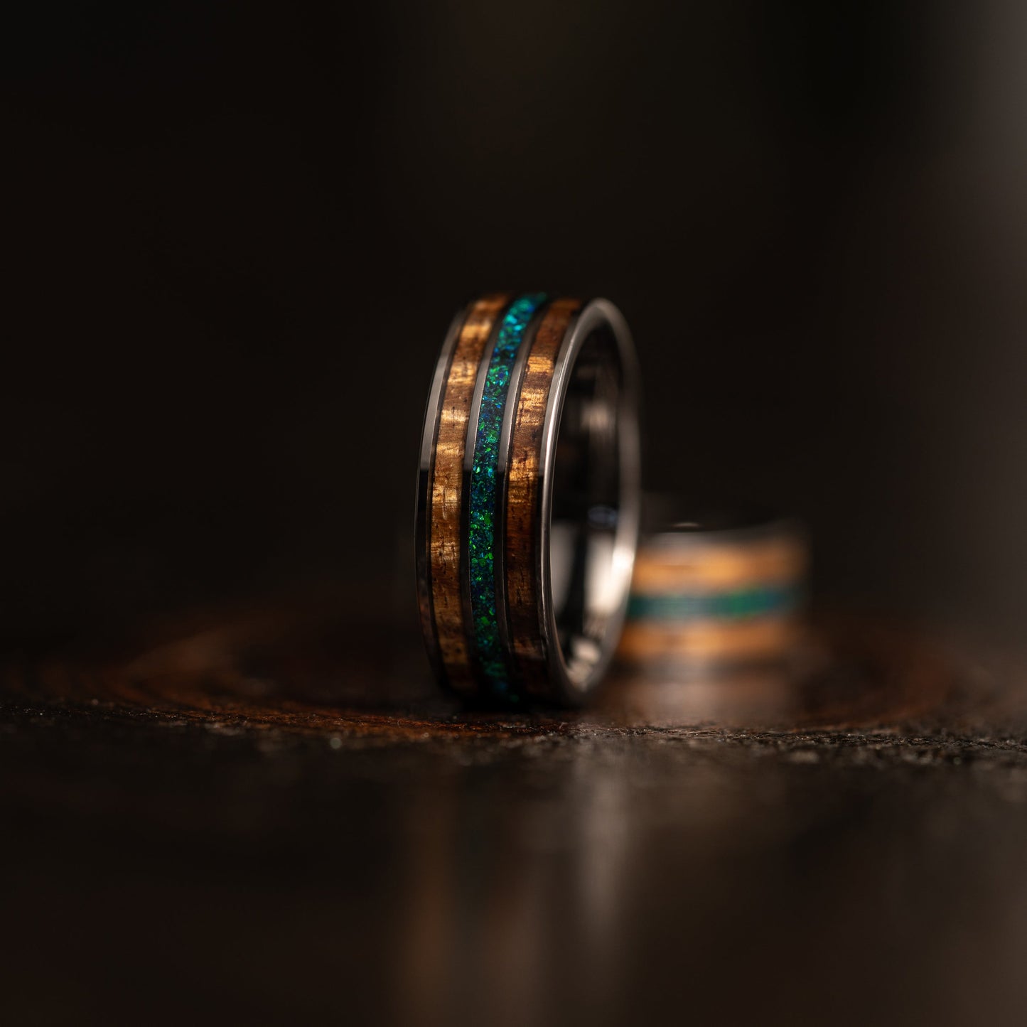 "Dionysus"  Koa Wood x Opal Gunmetal Tungsten Ring 6mm/8mm