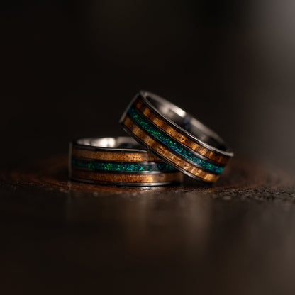 "Dionysus"  Koa Wood x Opal Gunmetal Tungsten Ring 6mm/8mm