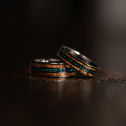 "Dionysus"  Koa Wood x Opal Gunmetal Tungsten Ring 6mm/8mm