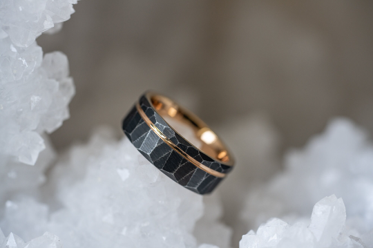 "Zeus" Distressed Hammered Tungsten Carbide Ring- Black w/ Rose Gold Gold Strip- 8mm