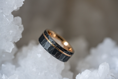 "Zeus" Distressed Hammered Tungsten Carbide Ring- Black w/ Rose Gold Gold Strip- 8mm