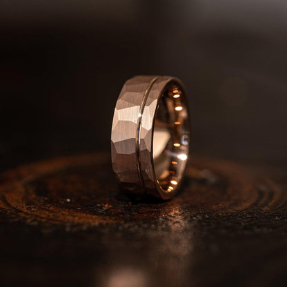 "Zeus" Hammered Tungsten Carbide Ring- Flat with Rose Gold Strip- 6mm/8mm