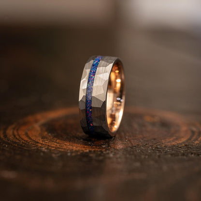 "Zeus" Hammered Tungsten Carbide Ring- Silver w/ Galaxy Opal Strip- 8mm