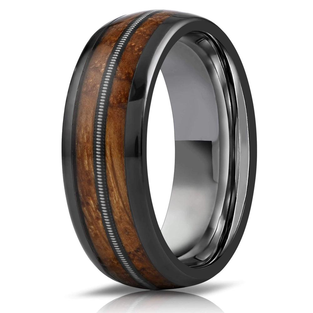 "Dionysus"  Whisky Barrel Wood x Guitar String Ring- Gunmetal Tungsten