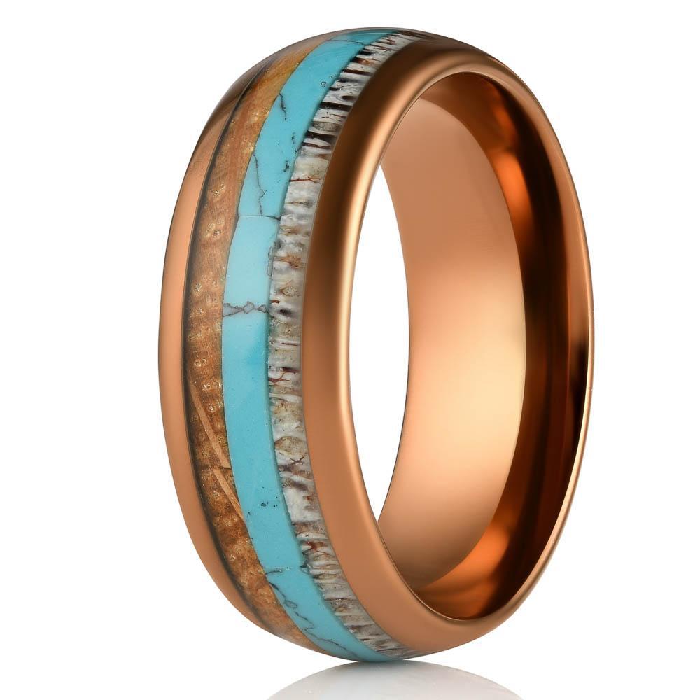 "Dionysus"  Whisky Barrel x Turquoise x Naturally Shed Antler Rose Gold Ring- Domed