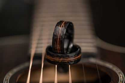 "Rhythm & Whiskey"  Whiskey Barrel Wood x Guitar String Ring- black Hammered Tungsten
