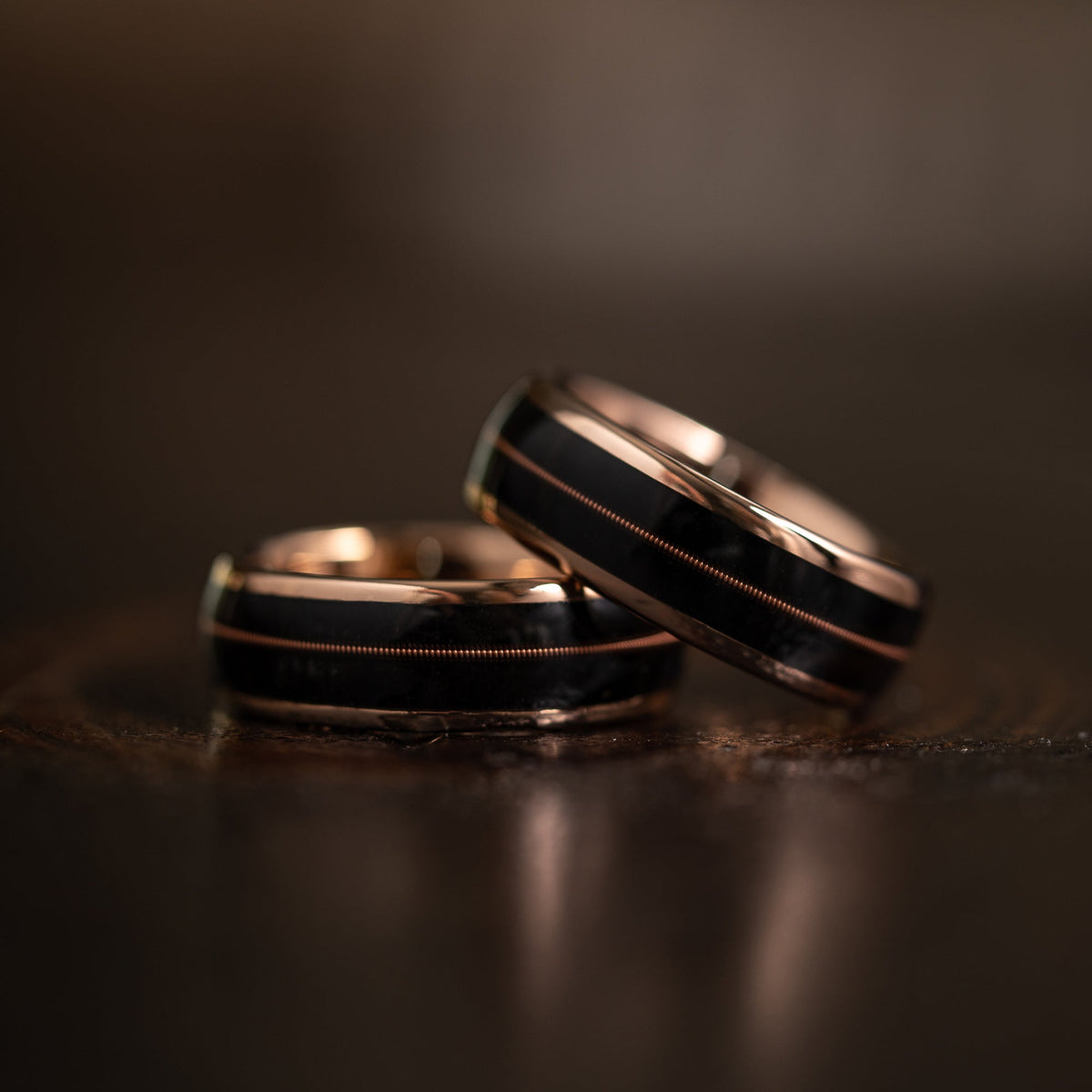 "Celtic Melody"  Irish Bog Wood x Guitar String Ring- Rose Gold Tungsten