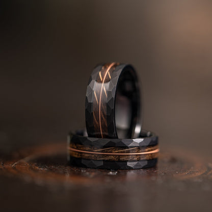 "Rhythm & Whiskey"  Whiskey Barrel Wood x Guitar String Ring- black Hammered Tungsten
