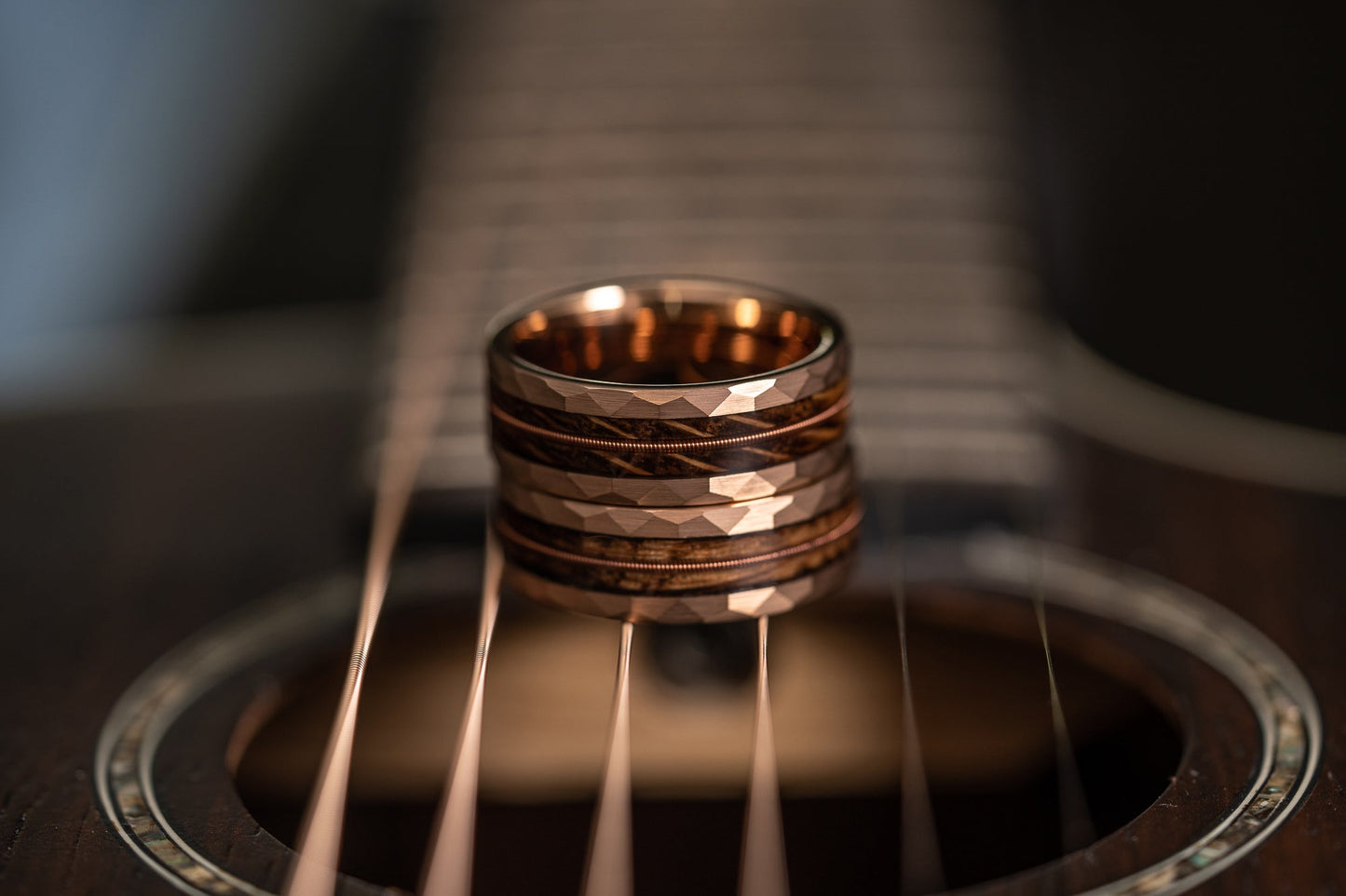 "Rhythm & Whiskey"  Whiskey Barrel Wood x Guitar String Ring- Rose Gold Hammered Tungsten