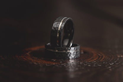 "Hades" Hammered Black Zirconium x Silver Strip- 8mm