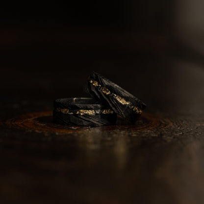 Black Hammered Flat "Poseidon" Meteorite/Gold Leaf Inlay- Steel Ring