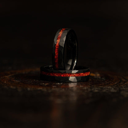 "Zeus" Womens Hammered Tungsten Carbide Ring- Black w/ Red Opal Strip- 5mm