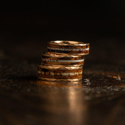 "Zeus" Hammered Ring- Rose Gold with Charred Whiskey Barrel and Antler 6mm/8mm