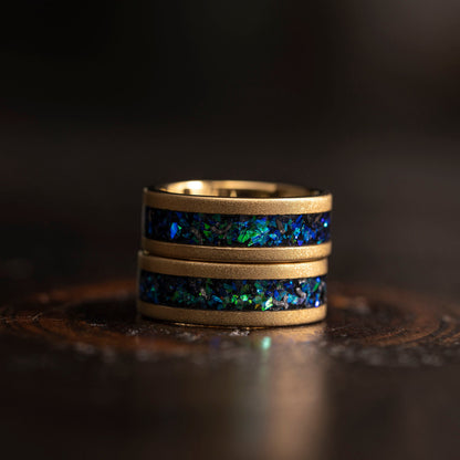 "Zeus" Flat Gold Nebula Ring Green Blue- Meteorite and Opal- Gold 8mm